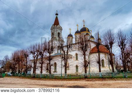 Cathedral Of The White Trinity. White-stone Trinity Church Is The Oldest In Tver Under A Dim Spring 