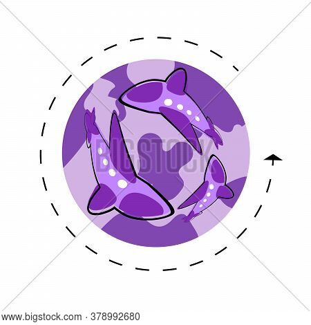 Logo, Sticker For Airlines. Flying Airplanes And Planet Earth Displays The Resumption Of The Possibi