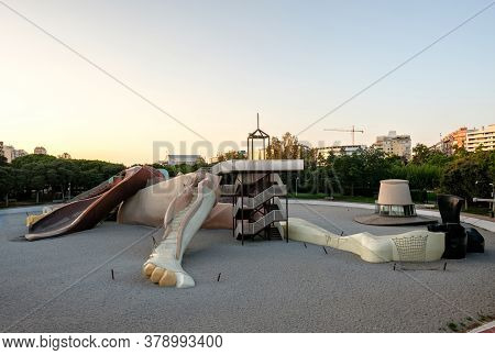 Valencia, Spain, July 2020 Gulliver Playground Turia Gardens, Park With Giant Stylized Gulliver Scul