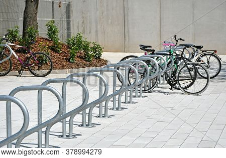 Meatal Bicycle Storage On The Street Outdoor Day