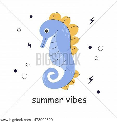 Poster With A Cute Purple Seahorse On A White Background With Doodle Elements. Colorful Sticker Illu