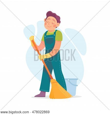 Man Character Doing Housework Sweeping The Floor With Broom In Gloves Vector Illustration