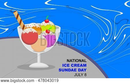 Ice Cream With Various Flavors In A Glass Container With Chocolate Wafer Sticks And Cherry Topping B
