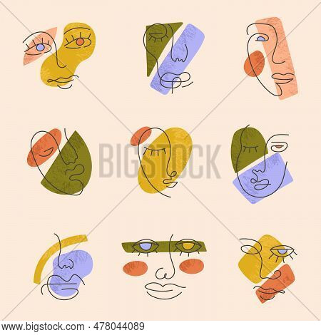Big Set Of Various Faces Abstract Shapes In Retro Style. Ink Painting Style. Contemporary Hand Drawn