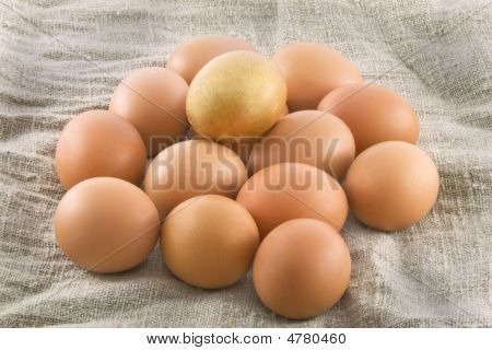 One Golden Egg With Many Ordinary Fresh Rural Eggs Lying On A Sacking (rough Fabric)