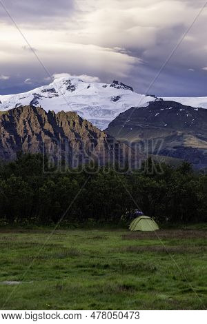 A Tent Set Up In Skaftafell Camping Grounds In The Vatnajokull National Park In South Iceland With H