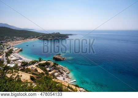 Flying A Drone Over Jali Beach, One Of The Most Beautiful Beaches Of Albanian Riviera, Albania.