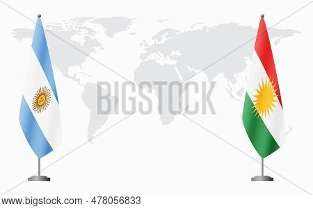 Argentina And Kurdistan Flags For Official Meeting Against Background Of World Map.