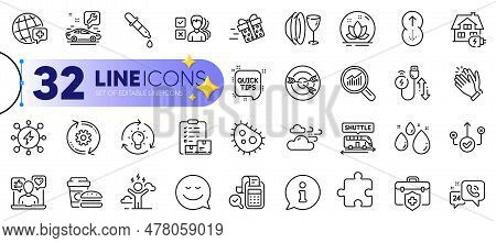 Outline Set Of Shuttle Bus, Quick Tips And World Medicine Line Icons For Web With Water Drop, Invent