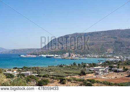 Crete, Greece - Septmeber 20, 2021: High Angle View Of Souda Bay. Cruise Ships Anchored At Souda Por