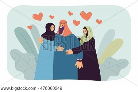 Happy Arabic Man With Two Wives Vector Illustration. Cartoon Drawing Of Muslim Women Hugging Husband
