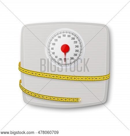 Vector 3d Realistic Bathroom Scales With Measuring Yellow Tape. Bathroom Body Weight Scales Closeup 