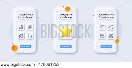 Medical Drugs, Teamwork And Head Line Icons Pack. 3d Phone Mockups With Star. Glass Smartphone Scree