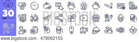Share, Restaurant Food And Change Money Line Icons Pack. Scroll Down, Food Order, Medical Vaccinatio