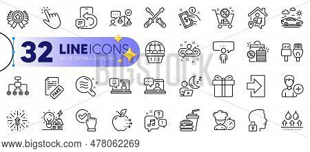 Outline Set Of Smile, Lawyer And Checkbox Line Icons For Web With Gift Box, Computer Cables, Payment