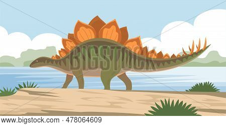 Stegosaurus With Spikes On The Tail. Herbivorous Dinosaur Of The Jurassic Period. Prehistoric Wildli