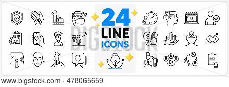 Icons Set Of Wallet, Health Skin And Growth Chart Line Icons Pack For App With Health Eye, Report, I