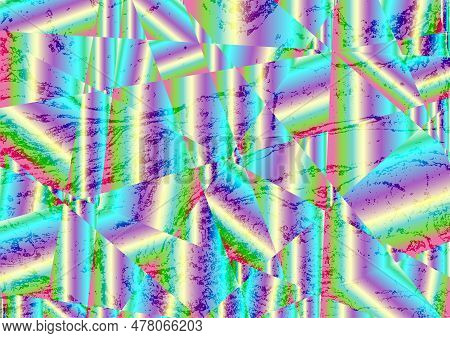 Grunge Holographic Low Poly Crystals Abstract Background. Iridescent Vector Design