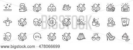 Icons Pack As Cream, Skin Care And Aroma Candle Line Icons For App Include Spa Stones, Uv Protection