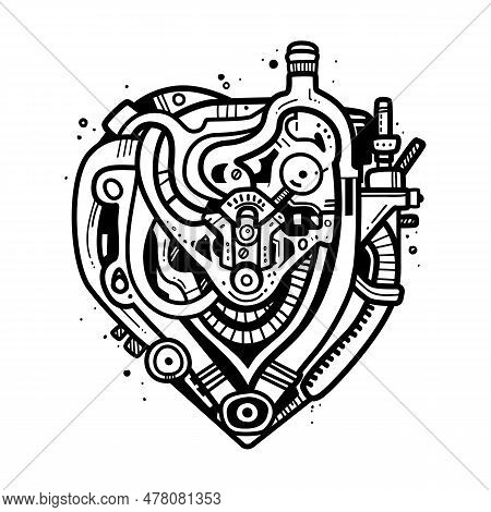 Steampunk Mechanical Black Heart For Print, Tattoo