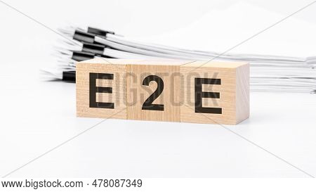 E2e Wooden Cubes Word On White Background. E2e - Exchange To Exchange Concepts