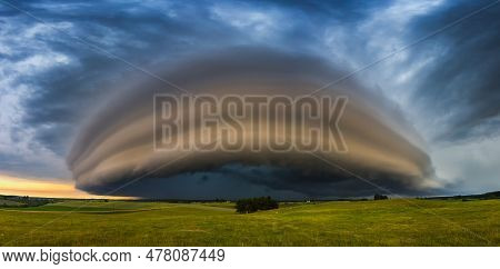 Angry Supercell Storm Influenced By Climate Change. Dangerous Storm Supercell Shelf Cloud With Layer