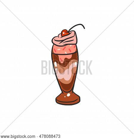 Hand Drawn Vector Abstract Cartoon Ice Creram Glass Cup , Sundae Line Art Illustration .ice Cream De