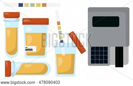 Urine Analyzer And Test Tubes With Urine, Containers And Equipment For Laboratory Research Vector Il