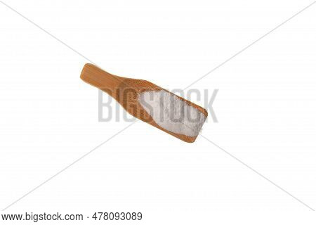 Succinic Acid Powder In Wooden Scoop On White Background. Butanedioic Acid Or Spirit Of Amber. Food 