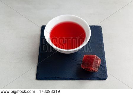 Schizandra Chai Or Omija Tea, Top View, Selective Focus. Five Flavor Berry Tea.