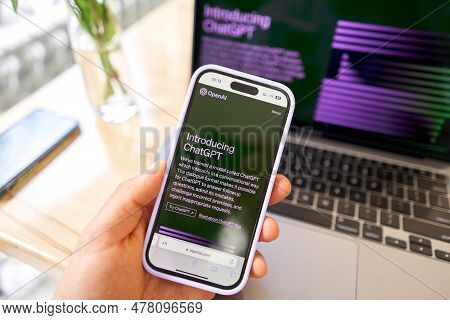 Spain, Barcelona - March 20 2023: Chatgpt Chat Bot Screen Seen On Smartphone And Laptop Display With