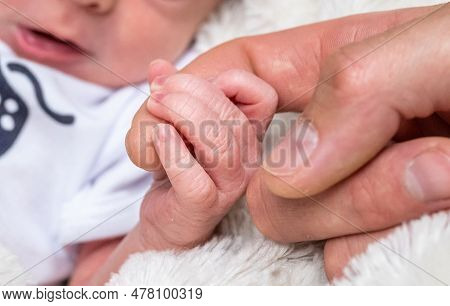 Sweet Tiny New Born Baby Hand Hold Mum Index Finger. Concept Relationship Between Mother Or Parants 