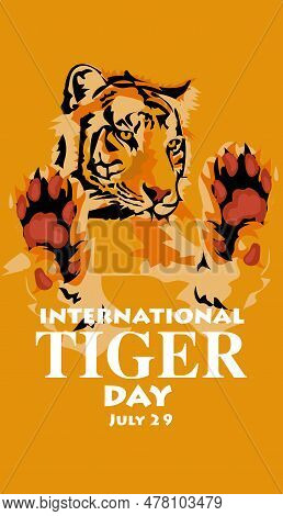 International Tiger Day On July 29. Cute Tiger With A Big Head And Paws Is Standing. Portrait Of A T