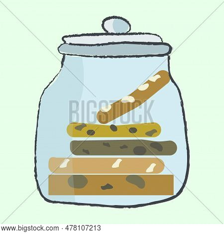Chocolate Cookies In Glass Jar. Oatmeal Cookie In Glass Pot. Biscuit. Vector Illustration