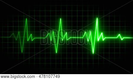 Neon Heart Beat Pulse In Green Illustration. Cardiogram Cardiograph Oscilloscope Screen Green Illust