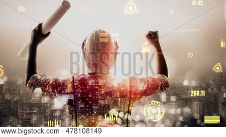 Future Building Construction And Inventive Engineering Project Concept With Hud Hologram Graphic Des