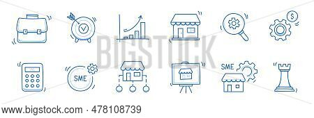 Business Sme Doodle Icon Set. Small, Medium Enterprise Business Hand Drawn Doodle Sketch Style Icon.