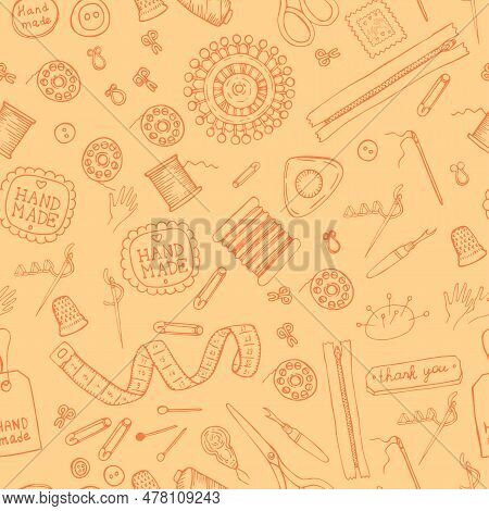 Vector Seamless Pattern With Tools And Accessories For Sewing On Yellow Background.