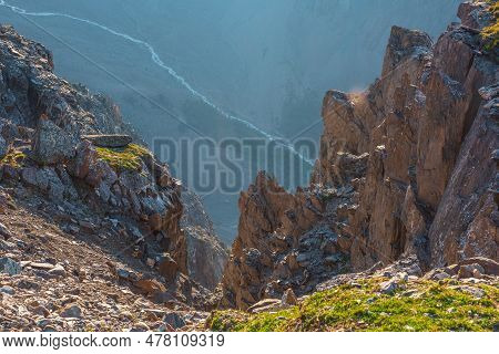 Awesome Mountain View From Cliff At Very High Altitude. Scenic Landscape With Beautiful Sharp Rocks 