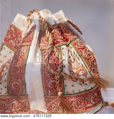 Bag Of The Early 19th Century With Metal And Beads Decoration