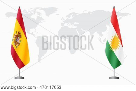 Spain And Kurdistan Flags For Official Meeting Against Background Of World Map.