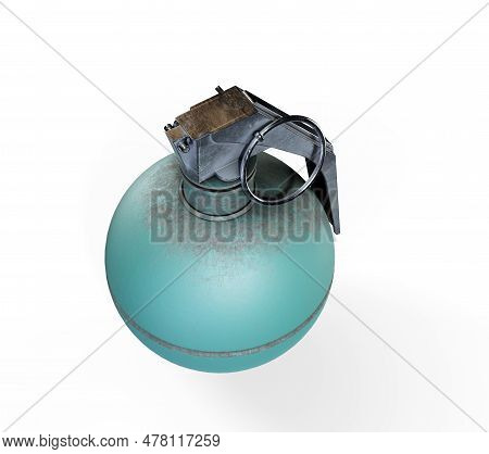 Hand Grenade On A White Background As An Unexploded Bomb Object With A Pin As A Vintage Explosive De