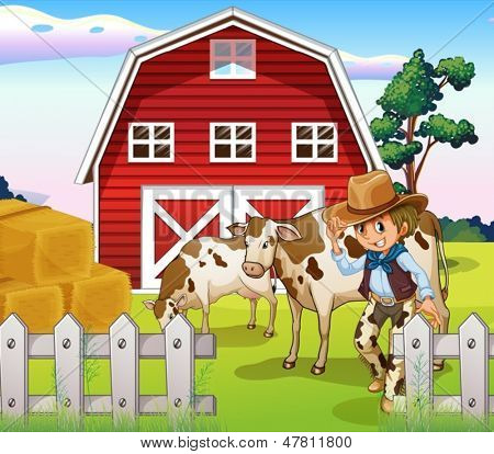 Illustration af en cowboy inde i gård med køer og en barnhouse