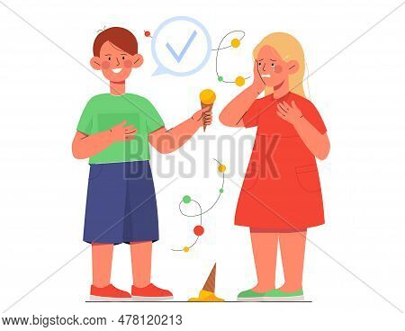 Boy Sharing Ice Cream With Girl Concept. Schoolboy Gives Sweet To Upset Girlfriend. Friendship And G