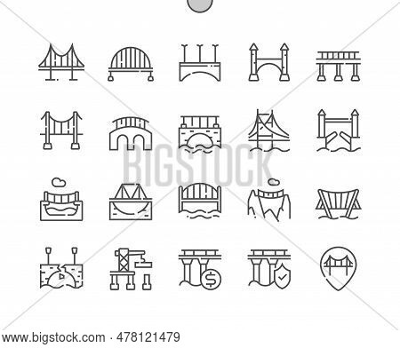 Bridge. Drawbridge. City. Architecture, Building Construction. Pixel Perfect Vector Thin Line Icons.
