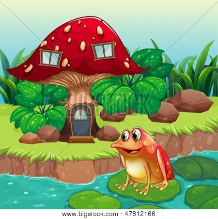 Ilustracja gigant grzyb domu w pobliżu rzeki z Zaba