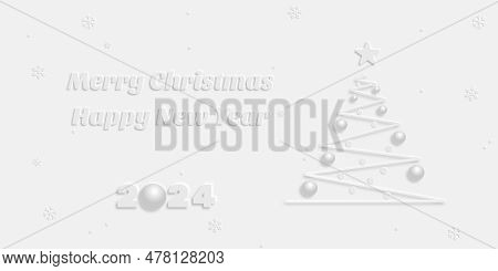 New Year's Card In The Style Of White Neomorphism. Christmas Tree With A Star And Toys And An Inscri