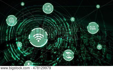 The Modern Creative Communication And Internet Network Connect In Smart City . Concept Of 5g Wireles