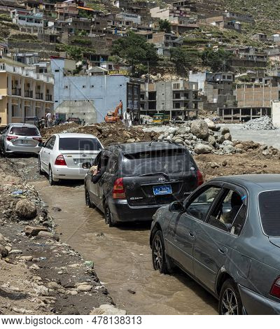 Tourists Stranded At Traffic Blockage After Kalam Bahrain Road Was Washout By The Flood In River Swa