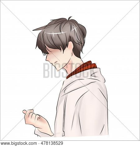 This Poignant Illustration Portrays A Young Man Deep In Thought, Displaying A Sense Of Regret And Re